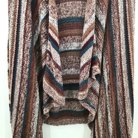 Women's L Duster Sweater Autumn/Winter Long Striped Neutral Knit Boho Lagenlook - Picture 11 of 13